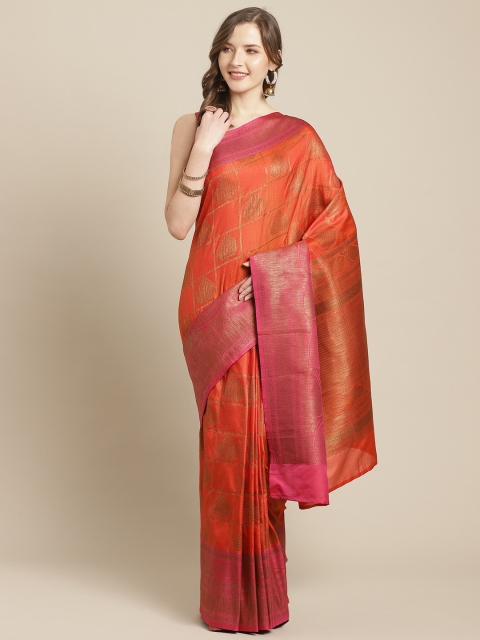 

Chhabra 555 Orange & Golden Checked Handloom Banarasi Saree