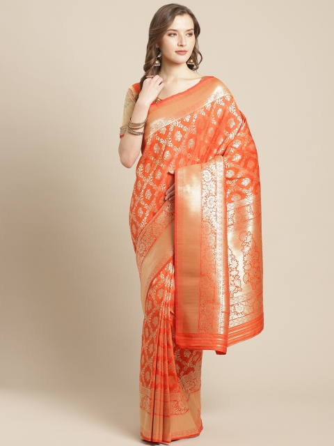 

Chhabra 555 Orange & Golden Zari Woven Handloom Banarasi Saree