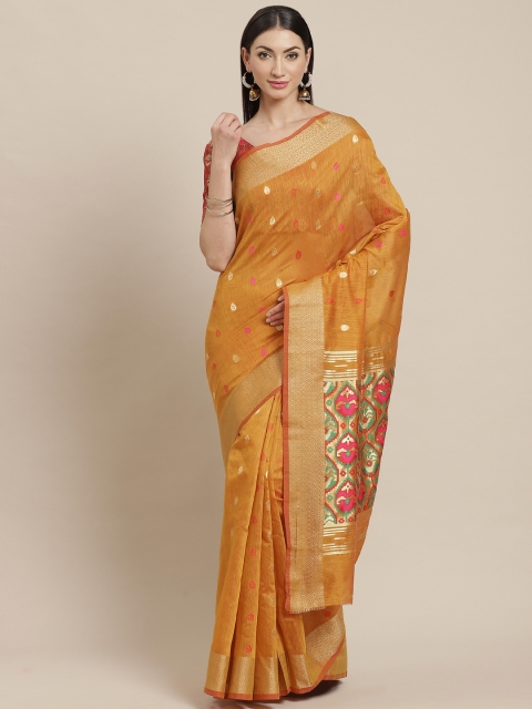 

Shangrila Creation Mustard Yellow & Golden Woven Design Saree