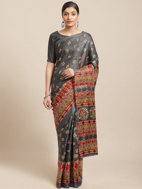 

Shangrila Creation Charcoal Grey & Red Printed Saree