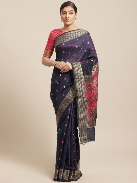 

Shangrila Creation Navy Blue & Pink Woven Design Saree