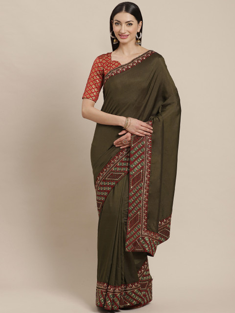 

Shangrila Creation Olive Green Solid Saree