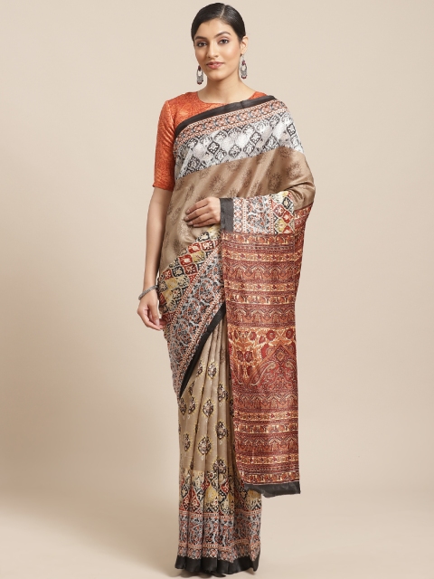 

Shangrila Creation Taupe & Blue Printed Saree