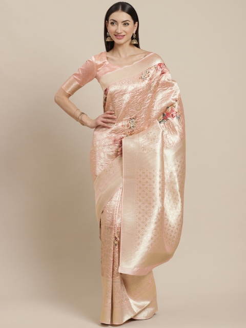 

SHANGRILA Peach-Coloured Zari Woven Detail Floral Digital Printed Banarasi Saree