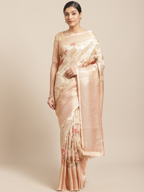 

SHANGRILA Cream-Coloured & Pink Floral Zari Woven Design Banarasi Saree, Beige