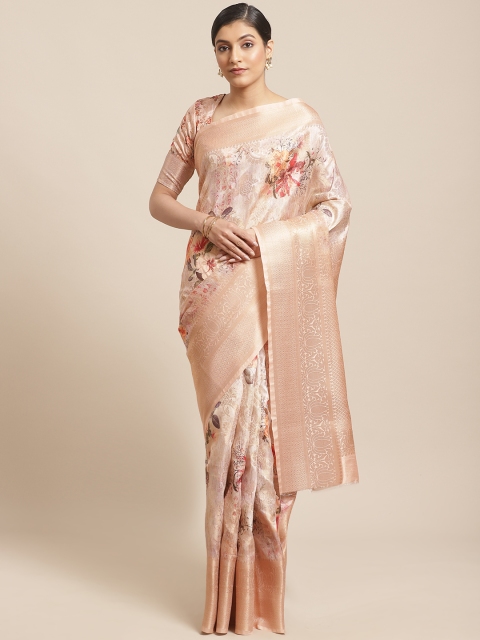 

Shangrila Creation Peach-Coloured & Golden Woven Design Floral Print Banarasi Saree