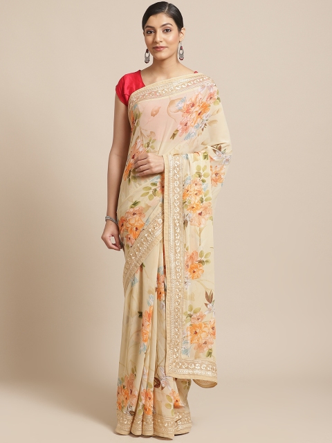 

Shangrila Creation Cream-Coloured & Orange Floral Print Saree