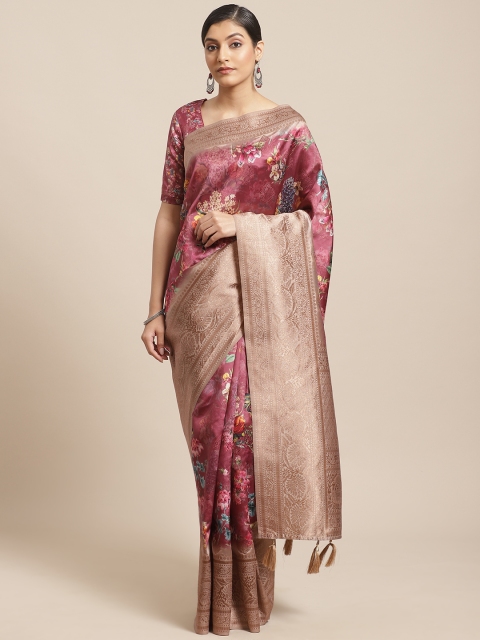 

Shangrila Creation Pink Floral Print Banarasi Saree