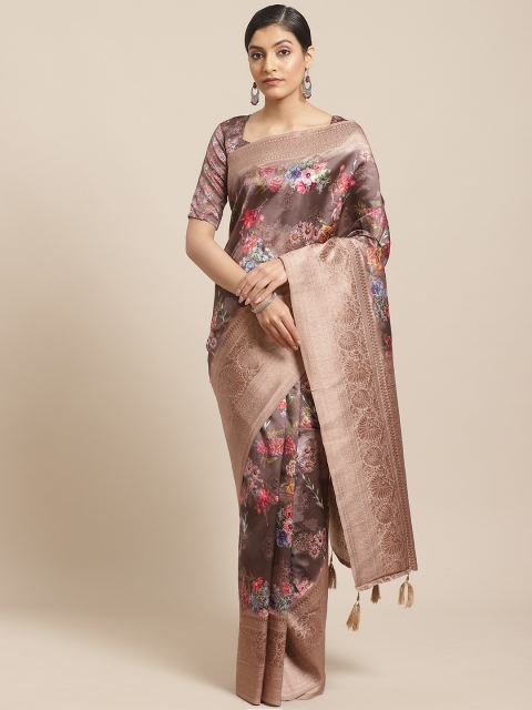 

Shangrila Creation Taupe & Pink Woven Design Digital Floral Print Banarasi Saree