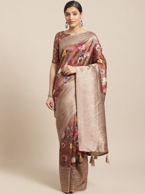 

Shangrila Creation Brown & Beige Floral Print Banarasi Saree