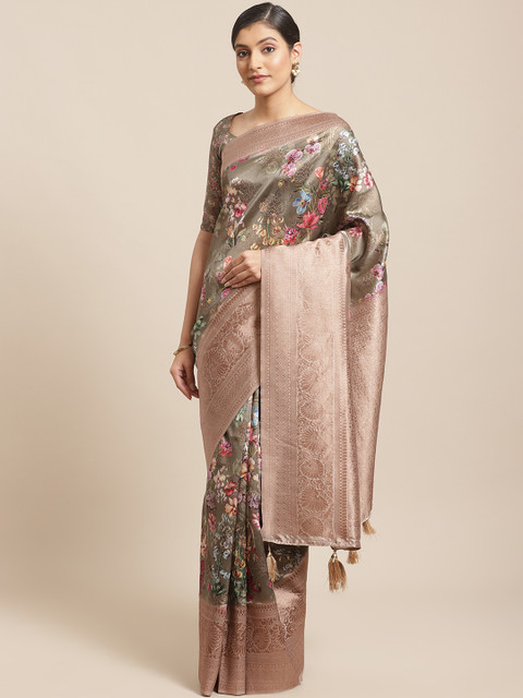 

Shangrila Creation Green & Pink Floral Print Banarasi Saree