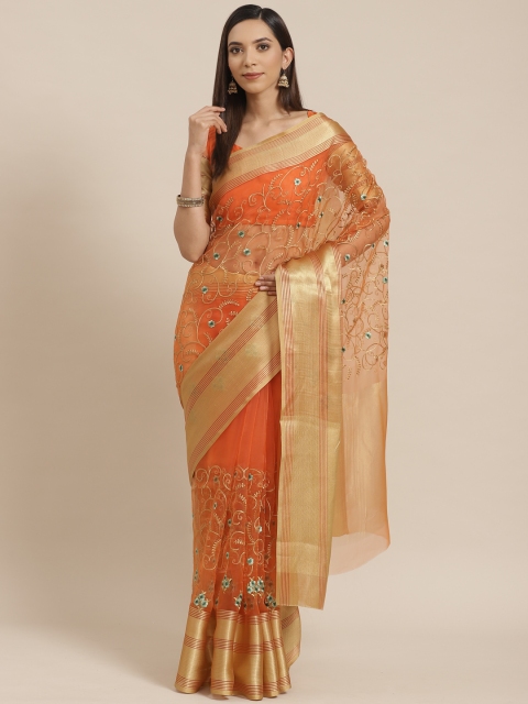 

Shangrila Creation Orange & Green Organza Embroidered Saree