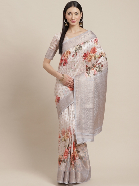 

Shangrila Creation Grey & Golden Zari Woven Digital Floral Print Banarasi Saree