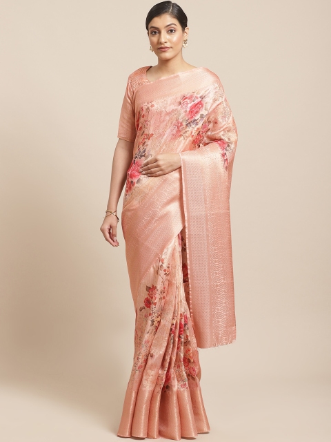 

Shangrila Creation Peach-Coloured & Pink Floral Print Banarasi Saree