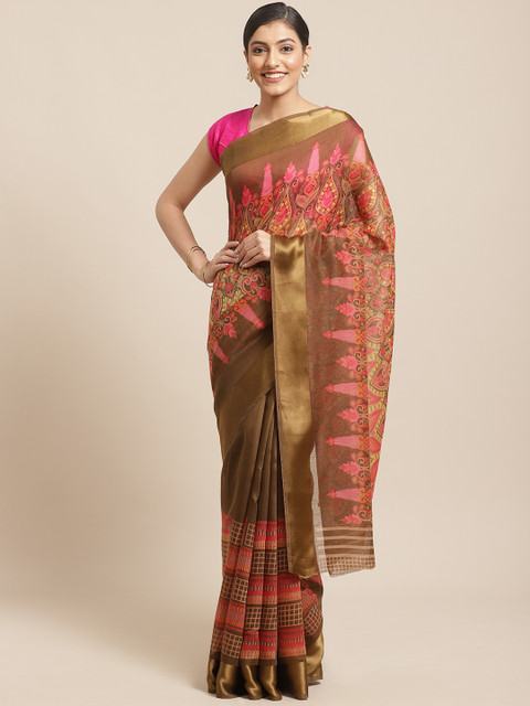 

Shangrila Creation Olive Green & Pink Ethnic Kalamkari Printed Saree
