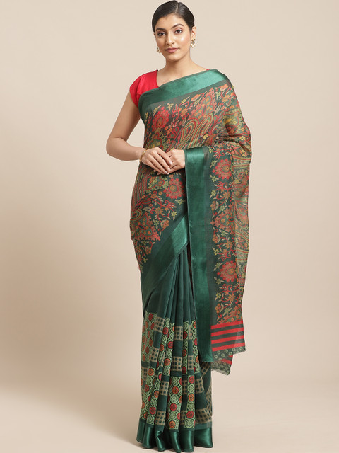 

Shangrila Creation Green & Red Ethnic Kalamkari Printed Saree
