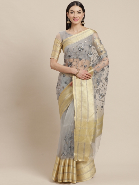 

Shangrila Creation Grey & Golden Floral Embroidery Saree