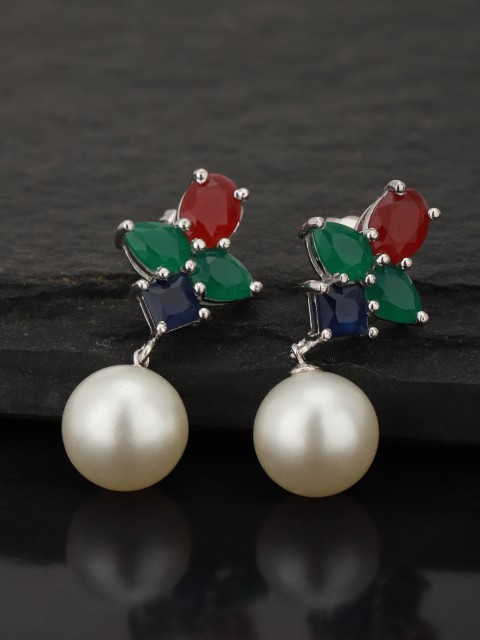 

Carlton London Multicoloured Rhodium-Plated Stone-Studded & Beaded Classic Drop Earrings, Multi