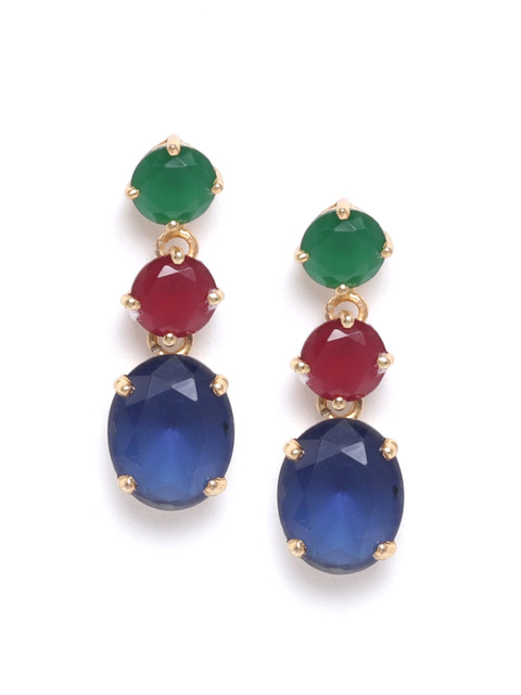 

Carlton London Navy Blue & Maroon Gold-Plated Stone-Studded Geometric Drop Earrings