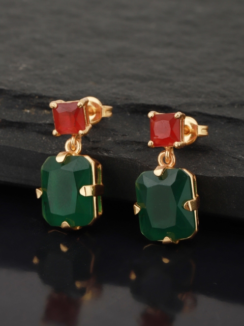 

Carlton London Green & Maroon Gold-Plated Stone-Studded Geometric Drop Earrings