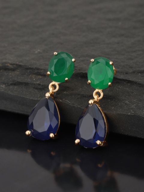 

Carlton London Blue & Green Gold-Plated Stone-Studded Tear-Drop Shaped Drop Earrings
