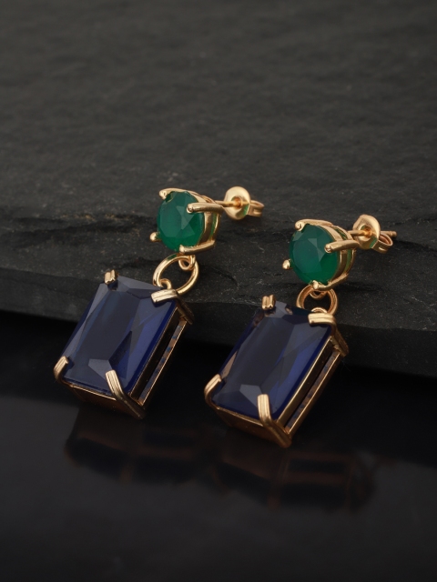 

Carlton London Navy Blue & Green Gold-Plated Stone-Studded Geometric Drop Earrings
