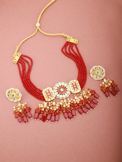 

Carlton London Red Gold-Plated CZ-Studded Multi-Stranded Handcrafted Choker Jewellery Set