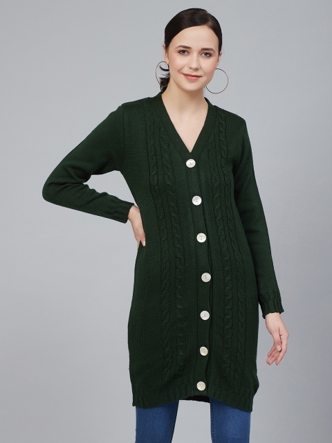 

Cayman Women Olive Green Self Design Longline Cardigan