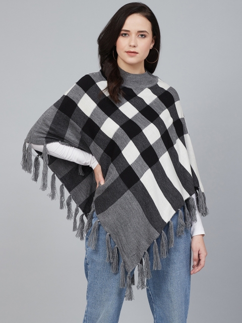 

Cayman Women Charcoal Grey & White Checked Asymmetric Poncho Sweater