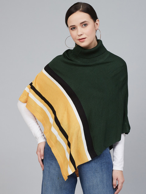 

Cayman Women Olive Green & Mustard Yellow Striped Asymmetric Poncho Sweater