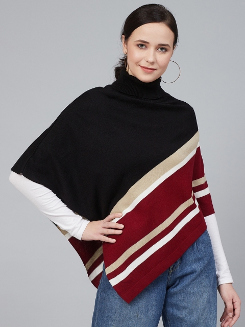 

Cayman Women Black & Maroon Striped Asymmetric Poncho Sweater