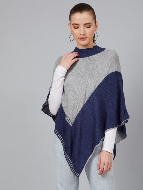 

Cayman Women Grey Melange & Blue Colourblocked Asymmetric Poncho Acrylic Sweater