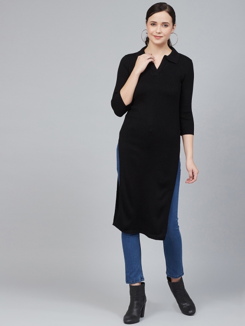 

Cayman Women Black Ribbed Straight Winter Kurta