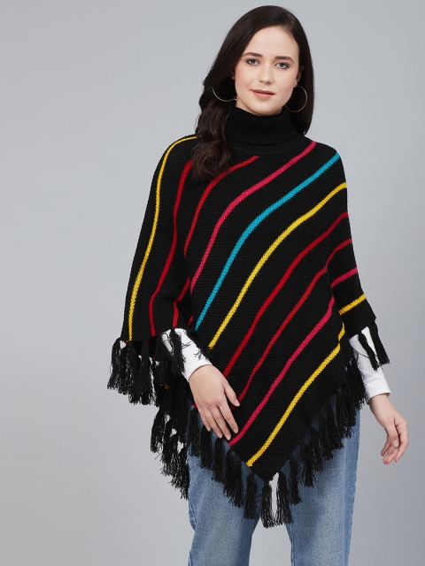 

Cayman Women Black & Red Multi-Striped Asymmmetric Poncho Acrylic Sweater