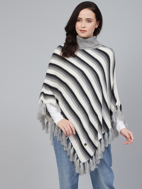 

Cayman Women Grey Melange & White Striped Asymmetric Poncho Sweater