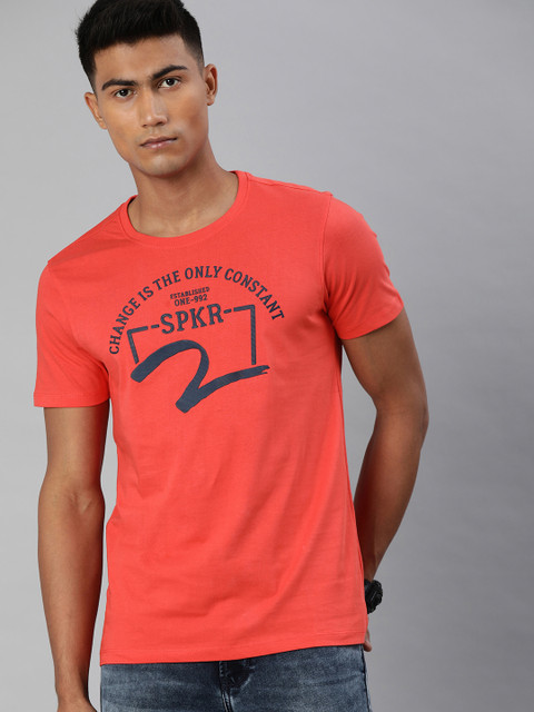 

SPYKAR Men Peach-Coloured Self Design Round Neck T-shirt