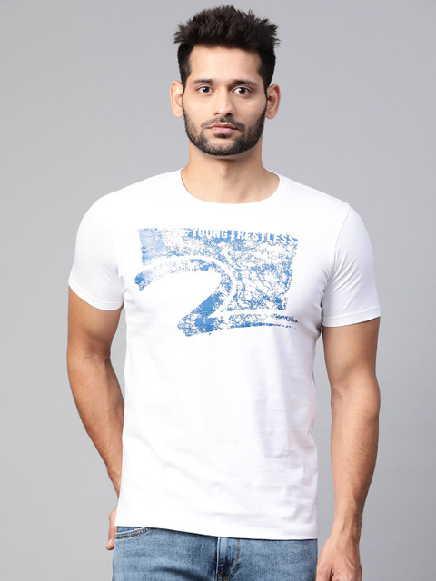 

SPYKAR Men White & Blue Abstract Print Round Neck T-shirt
