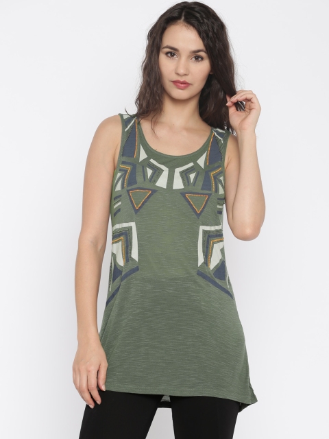 

Vero Moda Olive Green Embellished Printed Top