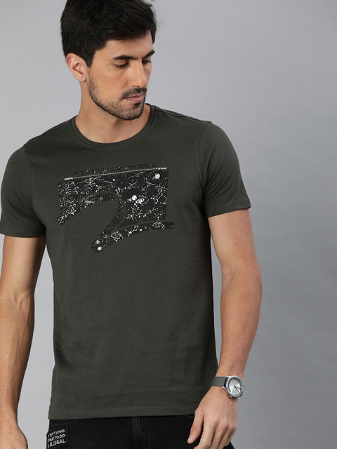 

SPYKAR Men Charcoal Grey Printed Round Neck Pure Cotton T-shirt