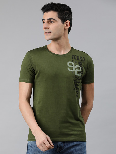 

SPYKAR Men Olive Green Slim Fit Printed Round Neck Pure Cotton T-shirt