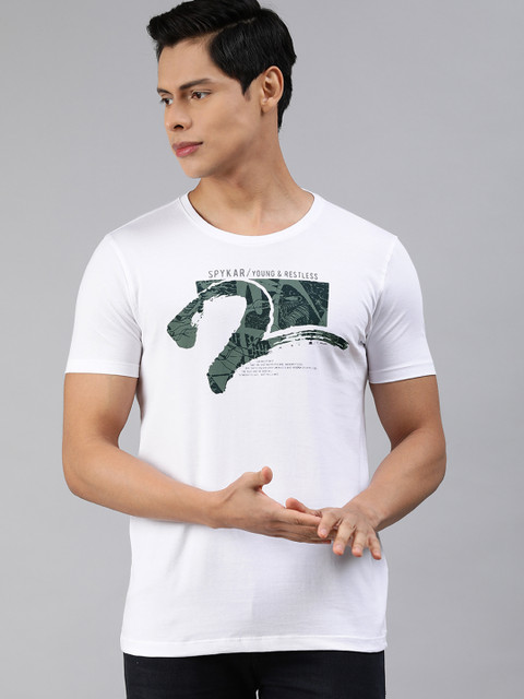 

SPYKAR Men White Brand Logo Printed Slim Fit Pure Cotton T-shirt