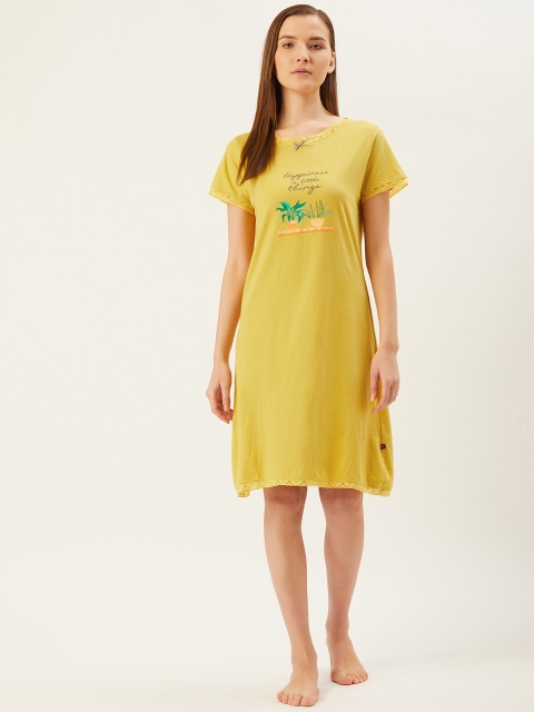 

July Nightwear Mustard Yellow Typography Printed Pure Cotton Sleep Shirt
