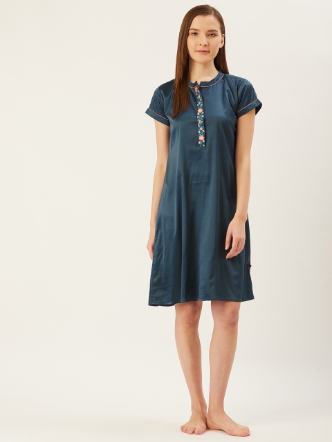 

July Nightwear Women Teal Blue Satin Finish Sleep Shirt with Embroidered Detail