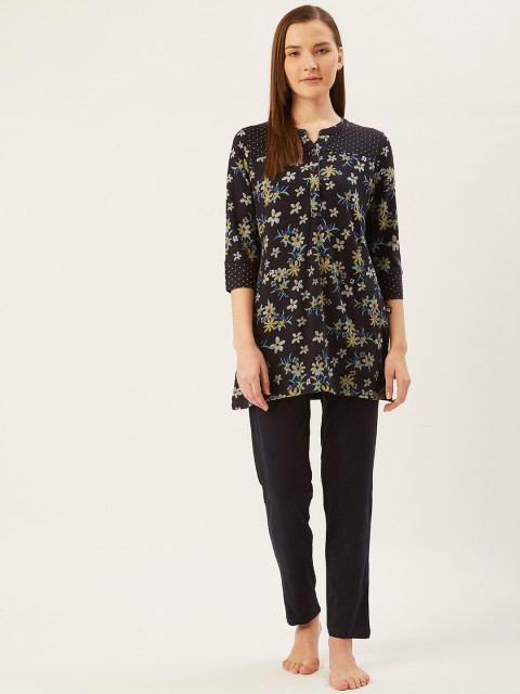 

July Nightwear Women Navy Blue & White Floral Print Night suit