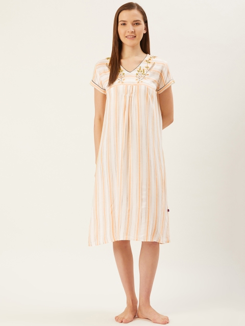 

July Nightwear Women White & Peach-Coloured Striped Nightdress