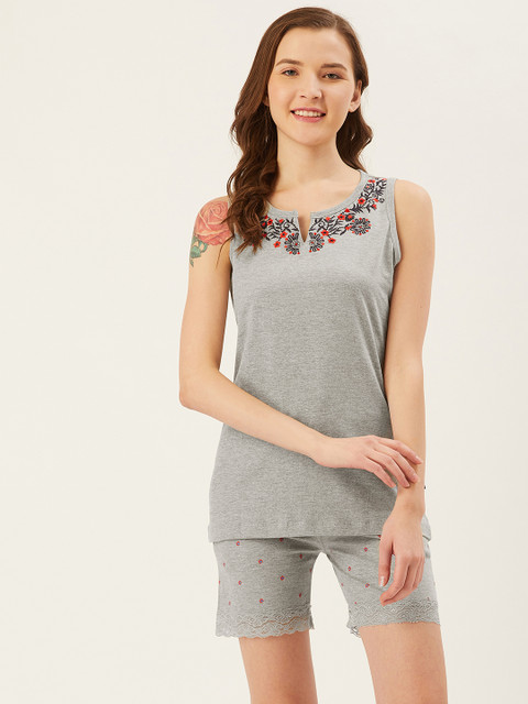 

July Nightwear Women Grey Melange & Red Floral Print Night suit