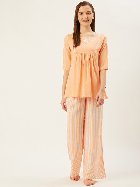 

July Nightwear Women Peach-Coloured & White Striped Night Suit