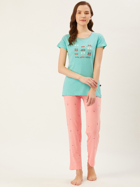 

July Nightwear Women Sea Green & Peach-Coloured Printed Night suit