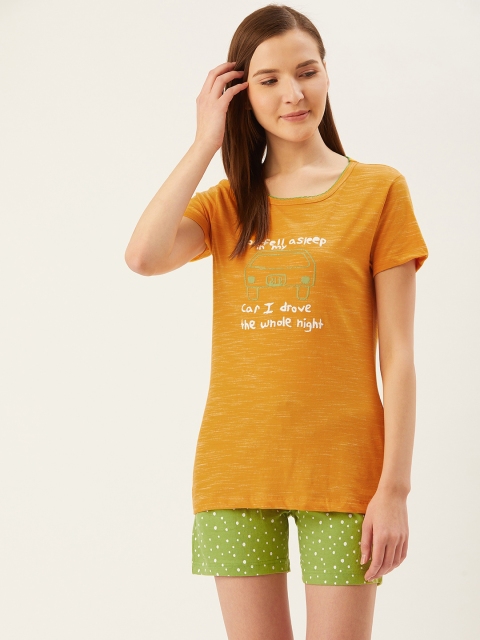 

July Nightwear Women Mustard Yellow & Green Printed Night suit