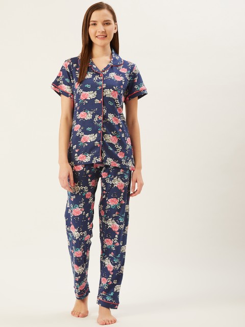 

July Nightwear Women Navy Blue & Pink Floral Printed Night Suit